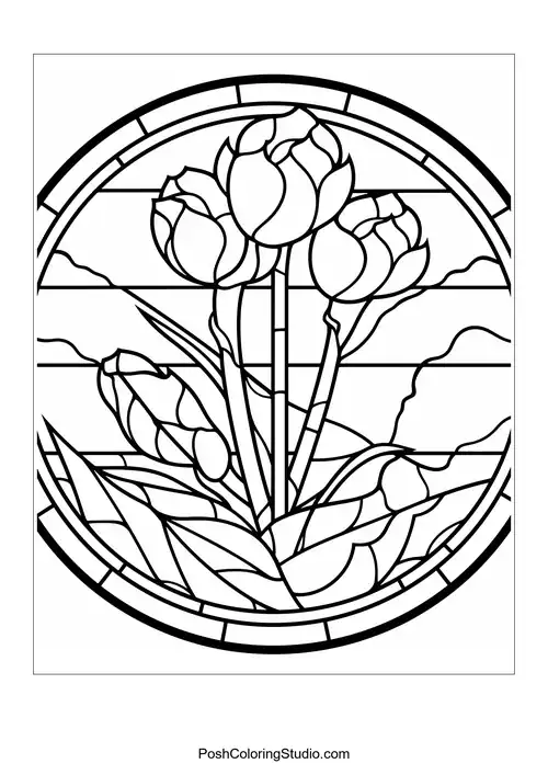 A detailed illustration of tulips in a circular arrangement.