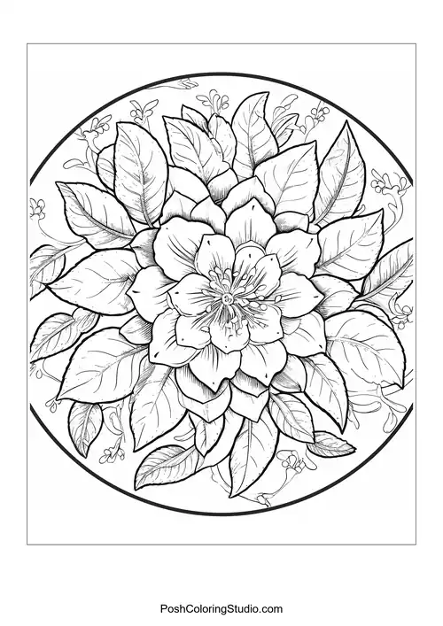A large flower surrounded by intricate leaves and smaller blooms.