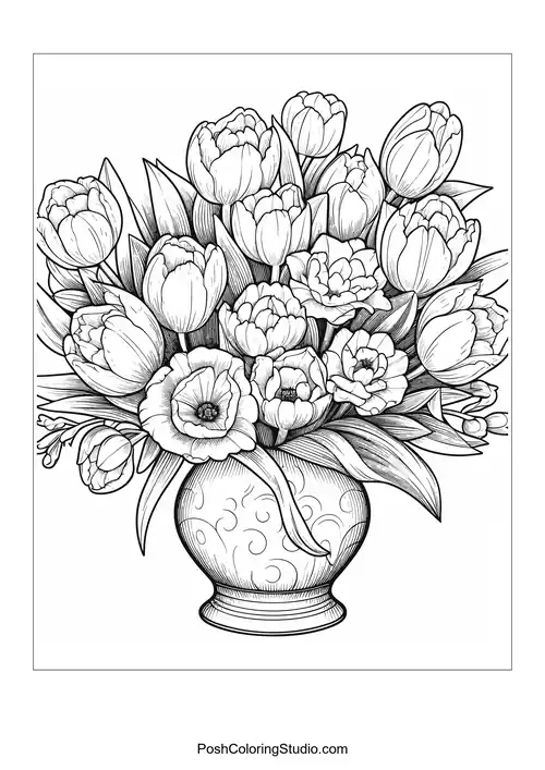 A vase filled with a variety of tulips and other flowers.