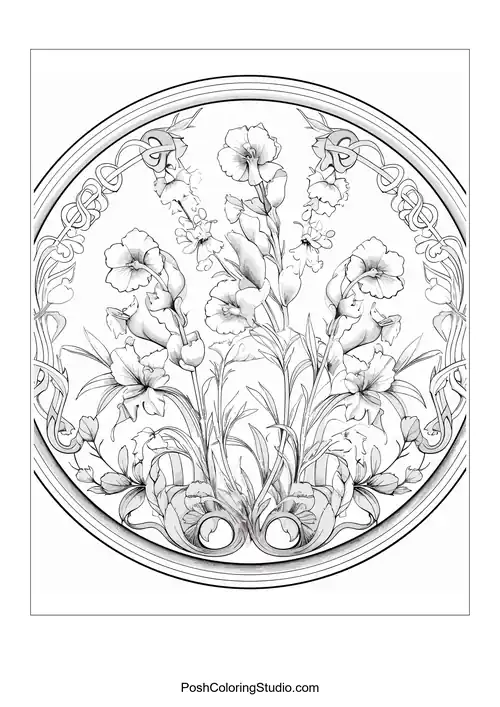 Tall flowers with intricate details and a circular frame.