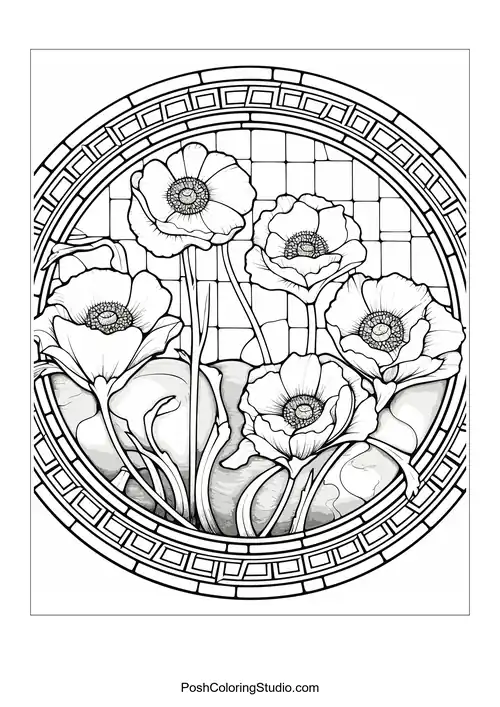 A circular arrangement of poppies with a grid background.