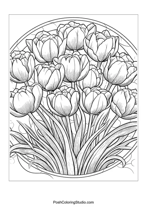 A dense cluster of tulips with flowing leaves.