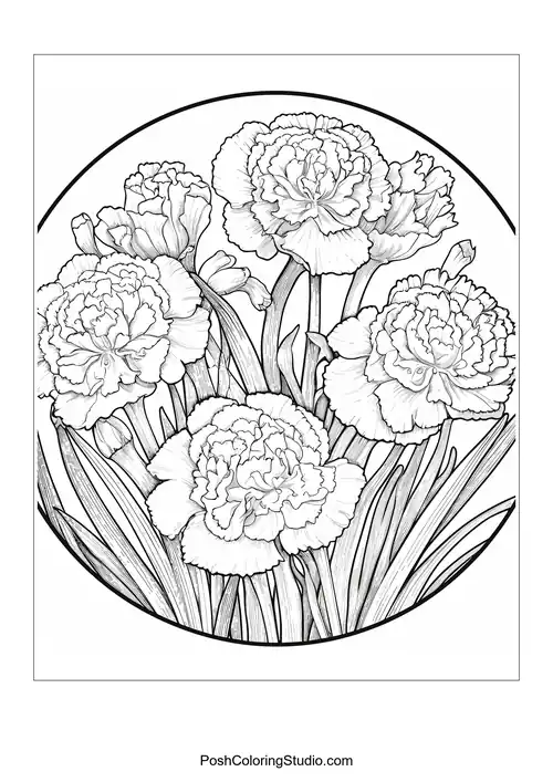 A circular design featuring five large carnations.