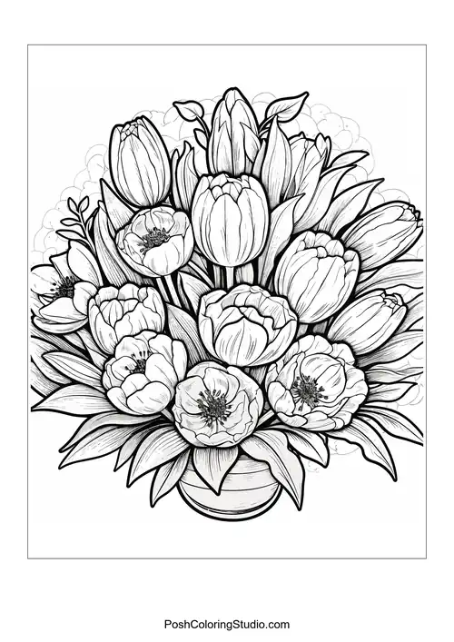 A large bouquet of tulips with intricate petal designs.