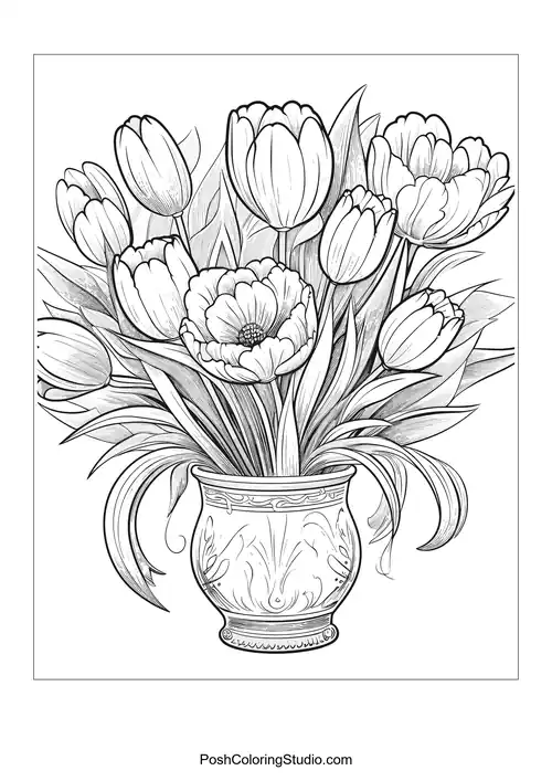 A decorative vase filled with tulips and peonies.