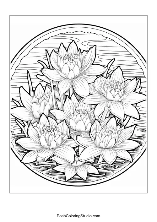 A circular design of water lilies on a pond surface.