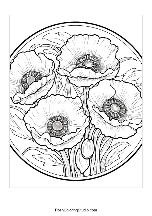 Five poppies with detailed centers and flowing leaves.