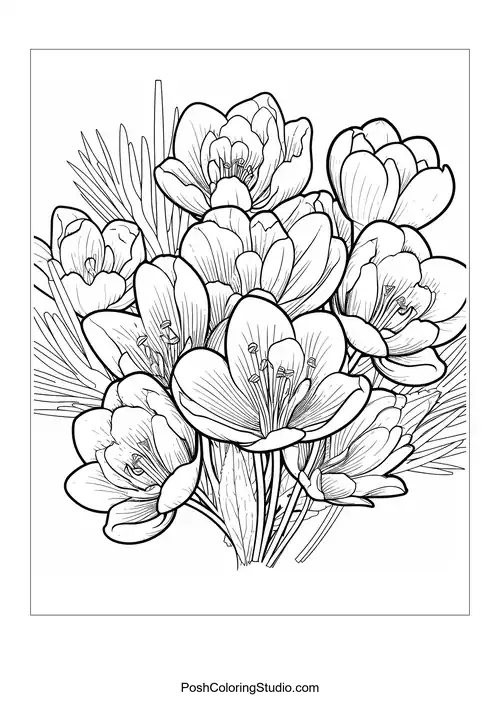 A cluster of crocuses with detailed petals and leaves.