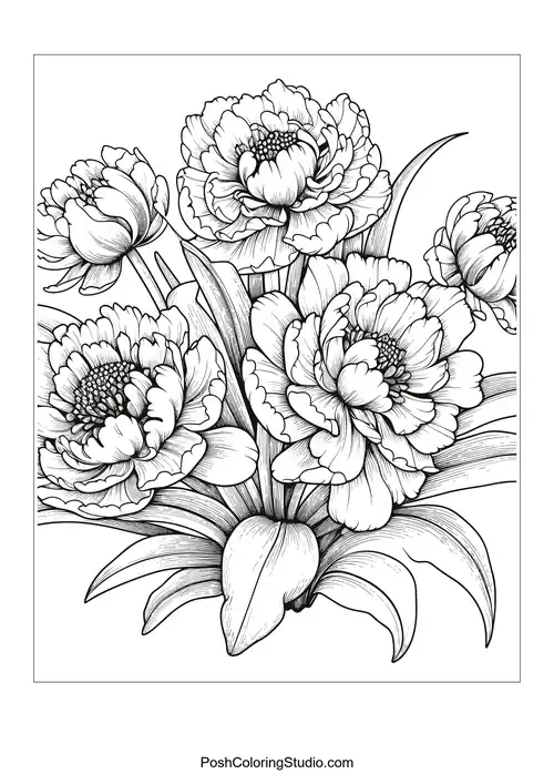 A circular arrangement of tulips with ornate details.