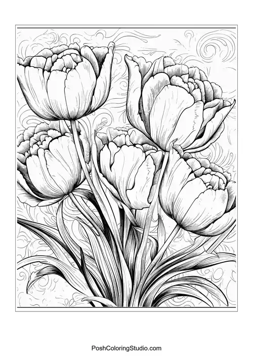 A detailed bouquet of tulips with flowing leaves.