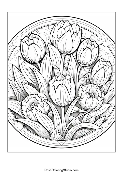 A decorative design featuring a large flower and leaves.