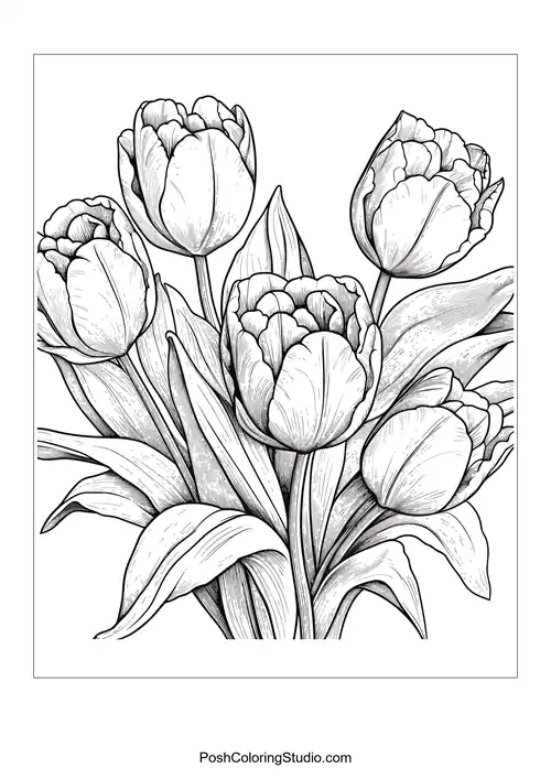 A group of tulips with a mix of open and closed blooms.
