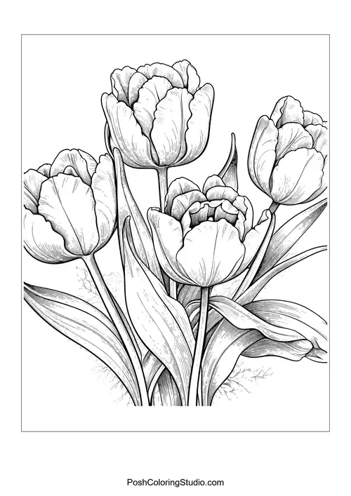 A detailed bouquet of tulips with flowing leaves.