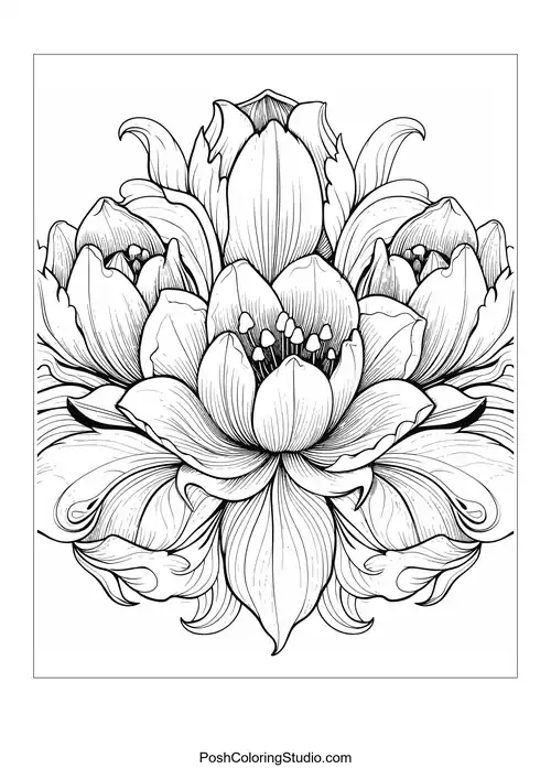 A decorative design featuring a large flower and leaves.