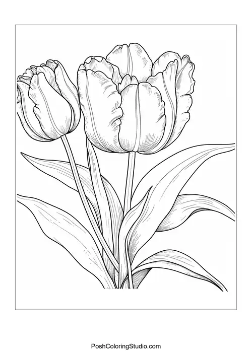A detailed illustration of tulips in a circular arrangement.