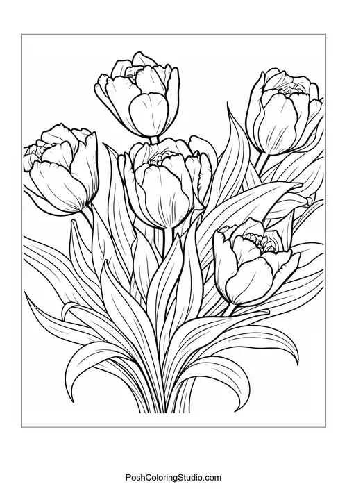 A bouquet of tulips with a mix of open and closed blooms.
