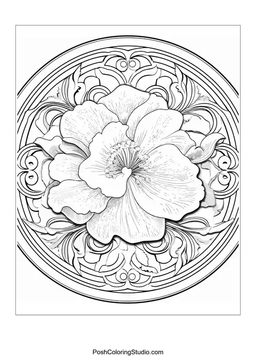 A circular arrangement of tulips with ornate details.