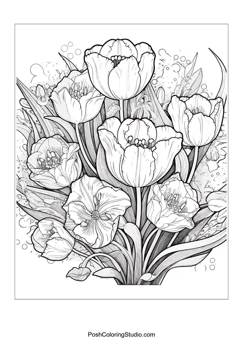 A group of tulips with a mix of open and closed blooms.