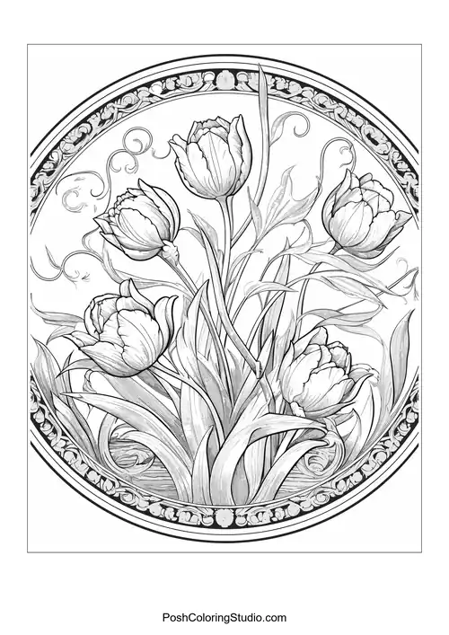A decorative design featuring a large flower and leaves.