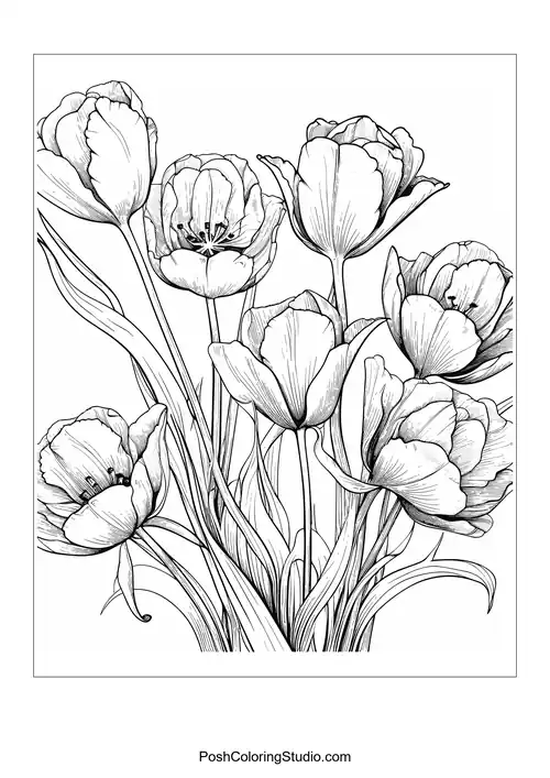 A collection of tulips with intricate petal designs.