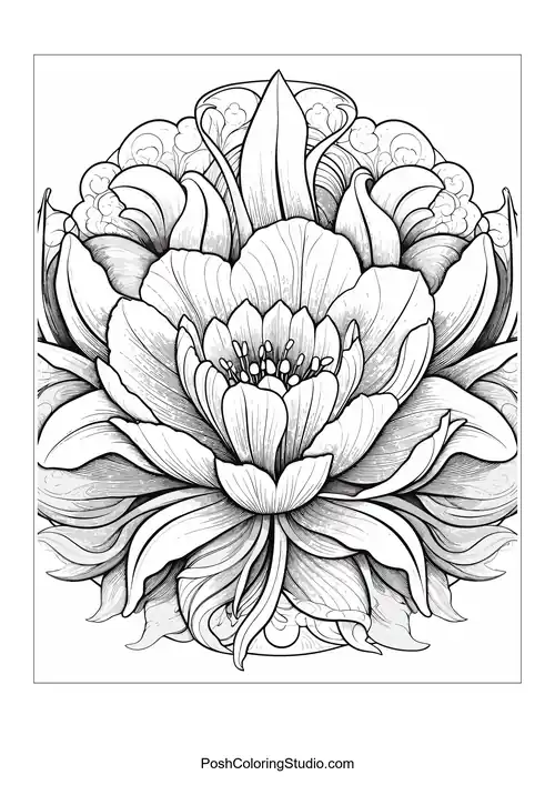 A large flower surrounded by intricate leaves.