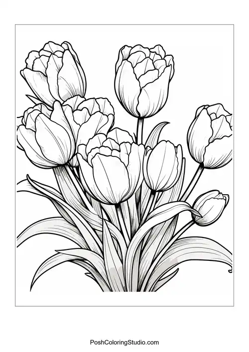 A detailed illustration of tulips with various shapes.