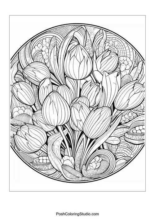 A field of tulips with various shapes and sizes.