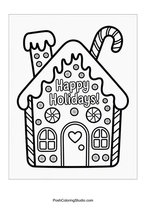 A gingerbread house with a holiday greeting.