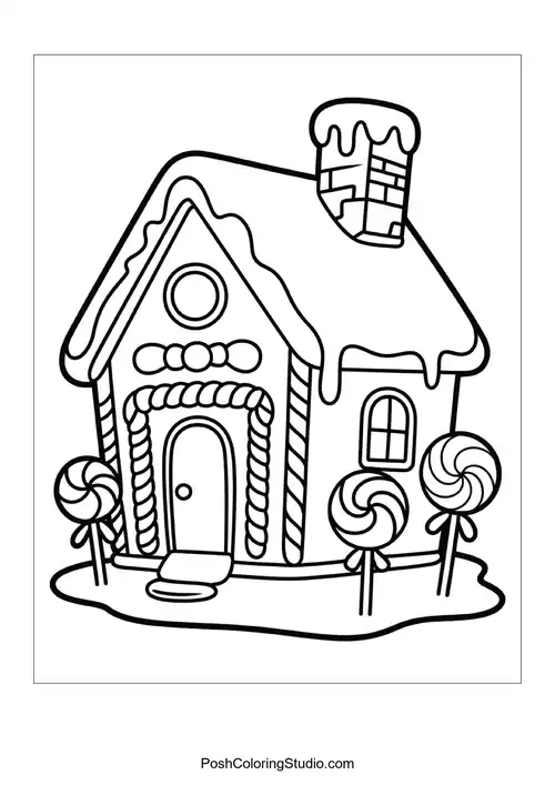 A gingerbread house with a unique roof design.