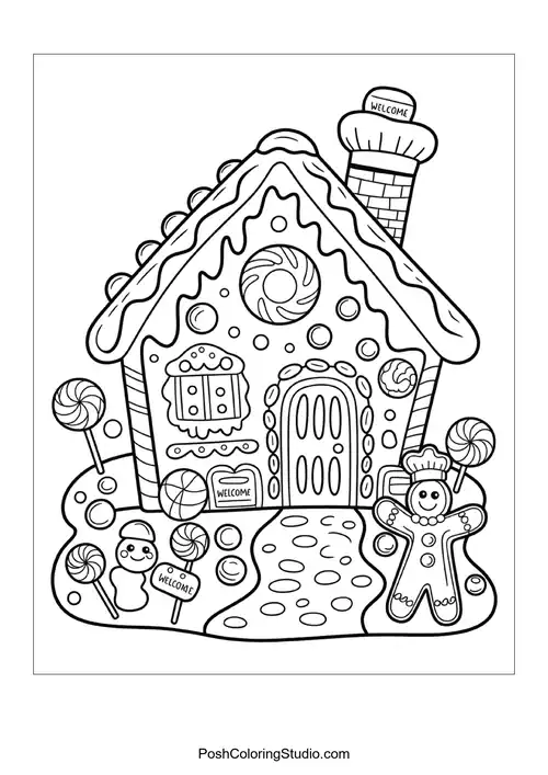 A gingerbread house with hanging stars.