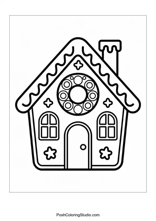 A gingerbread house with candy decorations and stars.