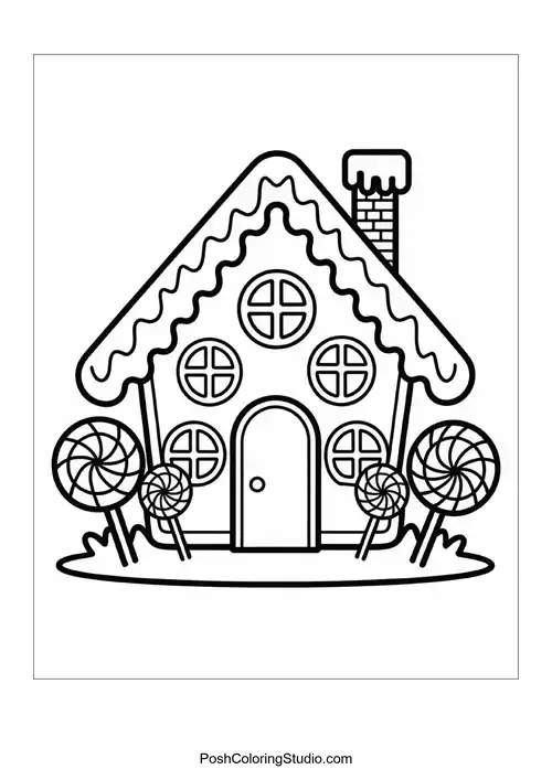 A gingerbread house flanked by lollipop trees.