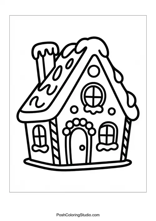 A gingerbread house with a pathway and decorations.