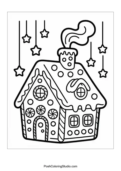 A gingerbread house with a unique roof design.