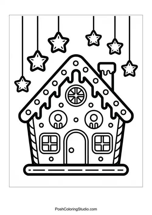 A gingerbread house with a candy cane entrance.