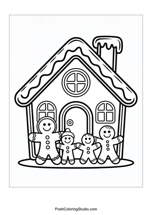 A gingerbread house with gingerbread figures outside.