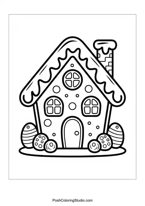 A gingerbread house with a chimney and candy decorations.