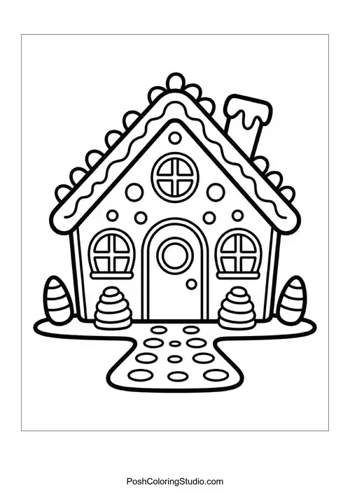A gingerbread house with a candy cane entrance.