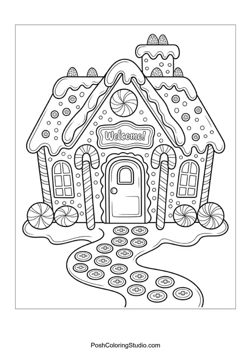 A gingerbread house with a chimney and candy decorations.