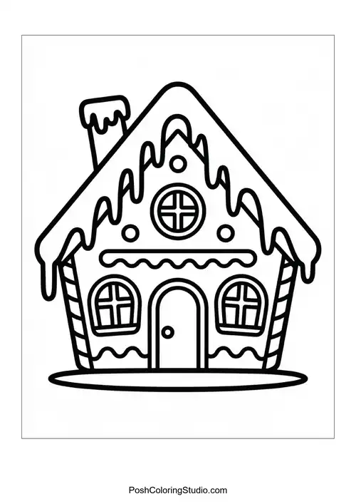 A gingerbread house with a candy cane entrance.