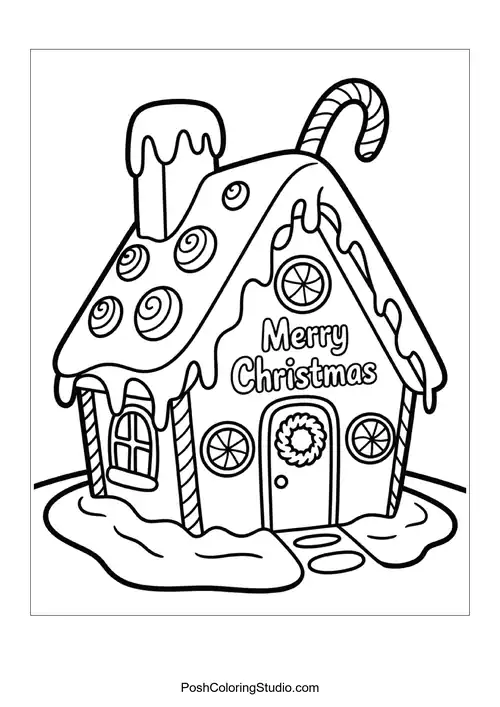A gingerbread house with a chimney and candy decorations.