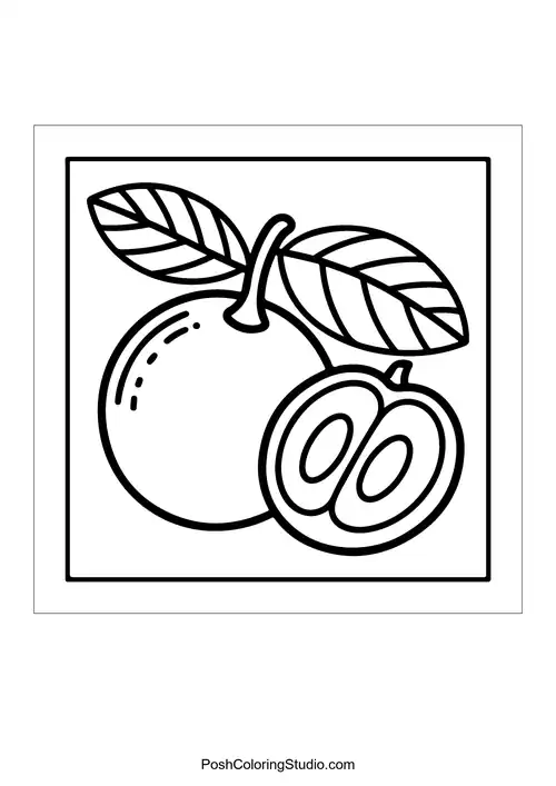 An orange with a slice and two leaves.