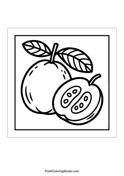 An apricot with a slice and leaves.