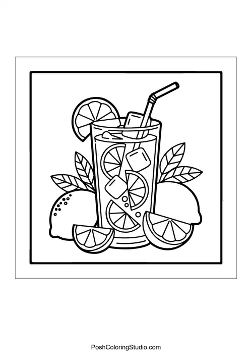 A glass of lemonade with ice and lemon slices.