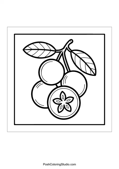 A branch of cherries with leaves and flowers.