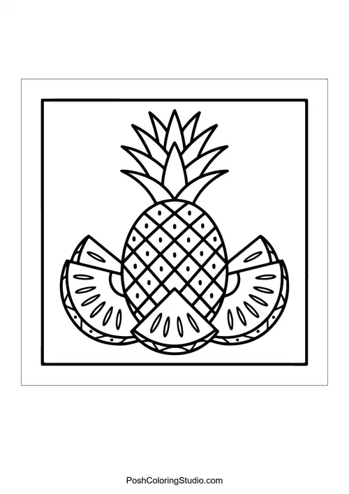A pineapple with slices and a spiky crown.