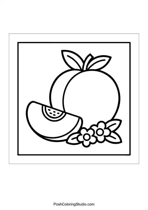 An orange with a slice and flowers.