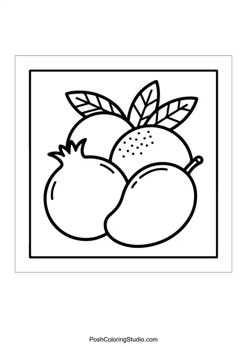 A fruit basket with various fruits and leaves.