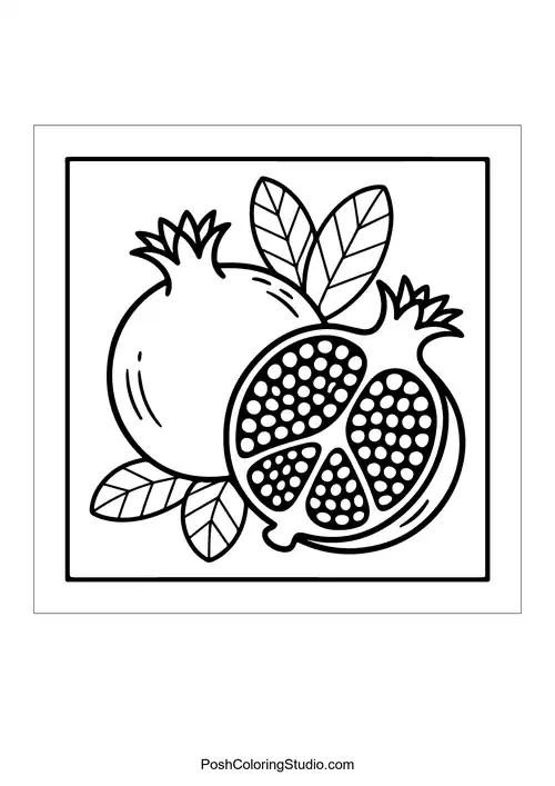 A pomegranate with seeds and leaves.