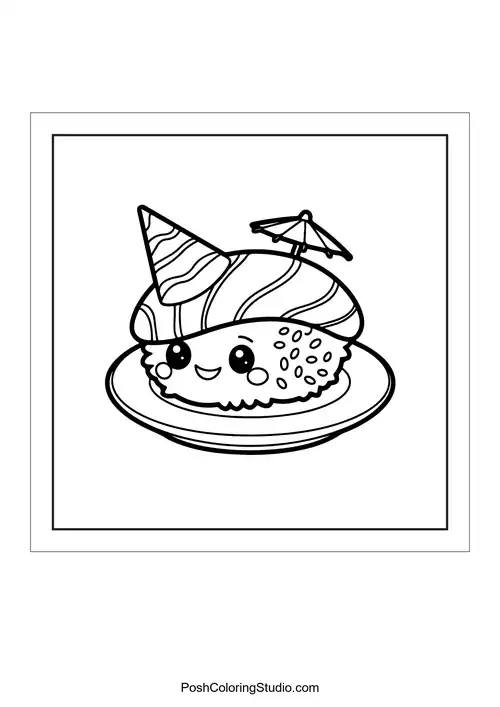 A sushi roll with a party hat and a smile.